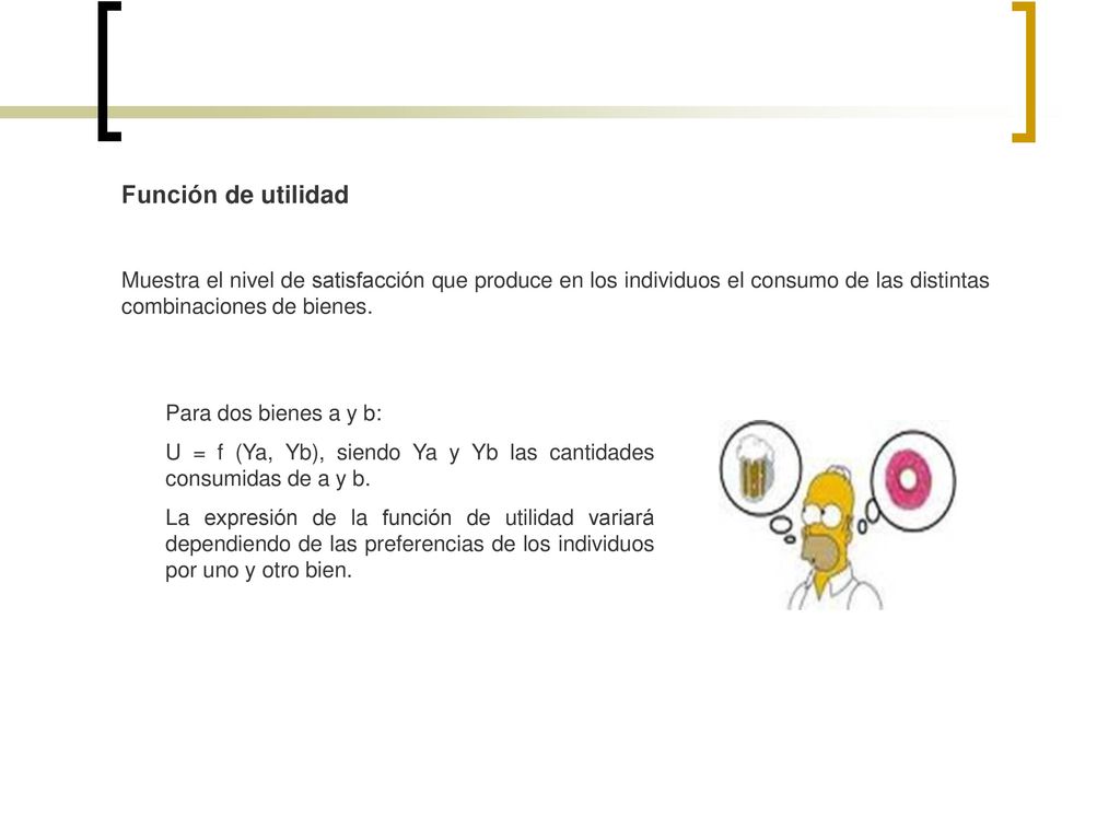 Función de utilidad Muestra el nivel de satisfacción que produce en los individuos el consumo de las distintas combinaciones de bienes.