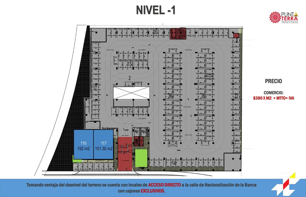 NIVEL -1 PRECIO. COMERCIO: $380 X M2 + MTTO+ IVA m m2.