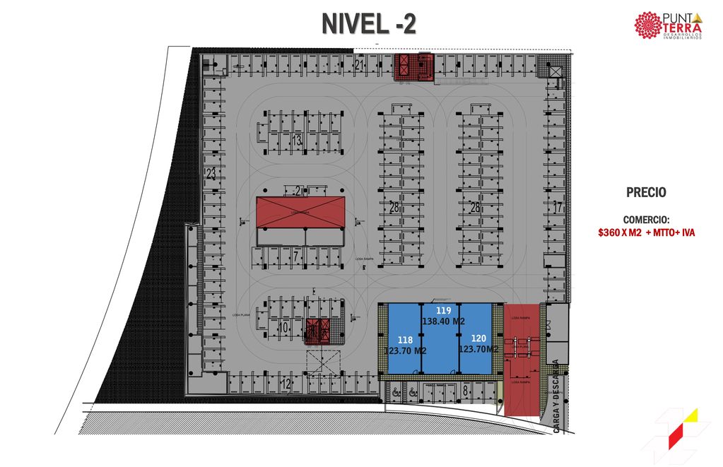 NIVEL -2 PRECIO COMERCIO: $360 X M2 + MTTO+ IVA