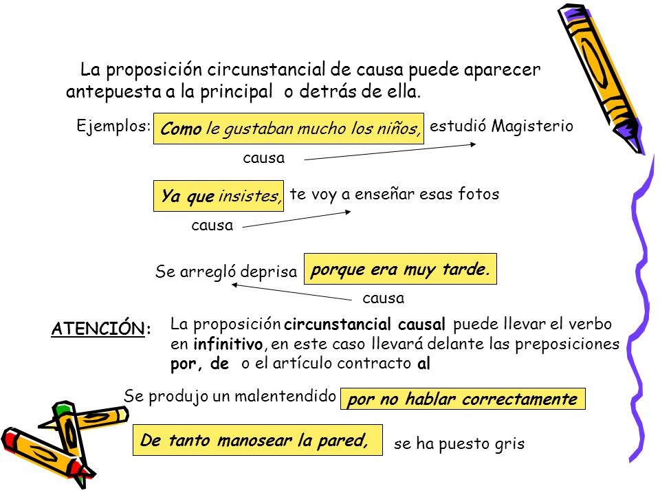 La proposición circunstancial de causa puede aparecer antepuesta a la principal o detrás de ella.