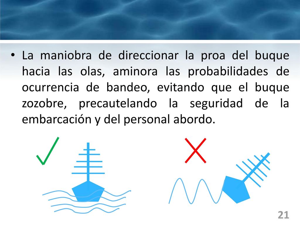 La maniobra de direccionar la proa del buque hacia las olas, aminora las probabilidades de ocurrencia de bandeo, evitando que el buque zozobre, precautelando la seguridad de la embarcación y del personal abordo.