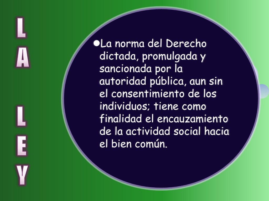 La norma del Derecho dictada, promulgada y sancionada por la autoridad pública, aun sin el consentimiento de los individuos; tiene como finalidad el encauzamiento de la actividad social hacia el bien común.