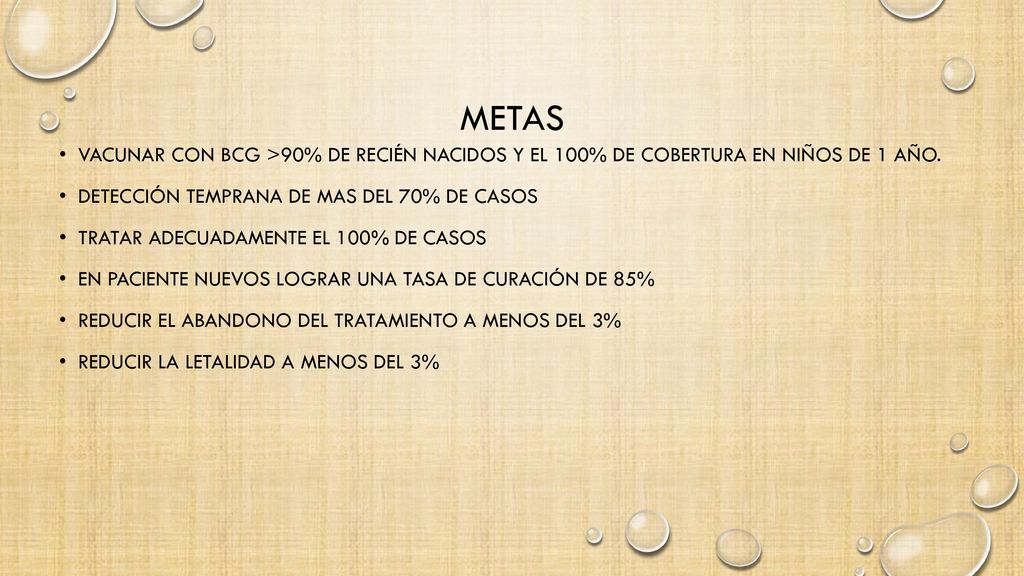 Metas Vacunar con BCG >90% de recién nacidos y el 100% de cobertura en niños de 1 año. Detección temprana de mas del 70% de casos.