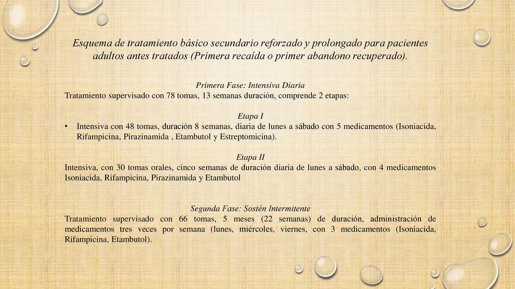 Esquema de tratamiento básico secundario reforzado y prolongado para pacientes adultos antes tratados (Primera recaída o primer abandono recuperado).