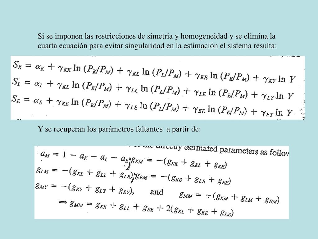 Si se imponen las restricciones de simetria y homogeneidad y se elimina la cuarta ecuación para evitar singularidad en la estimación el sistema resulta: