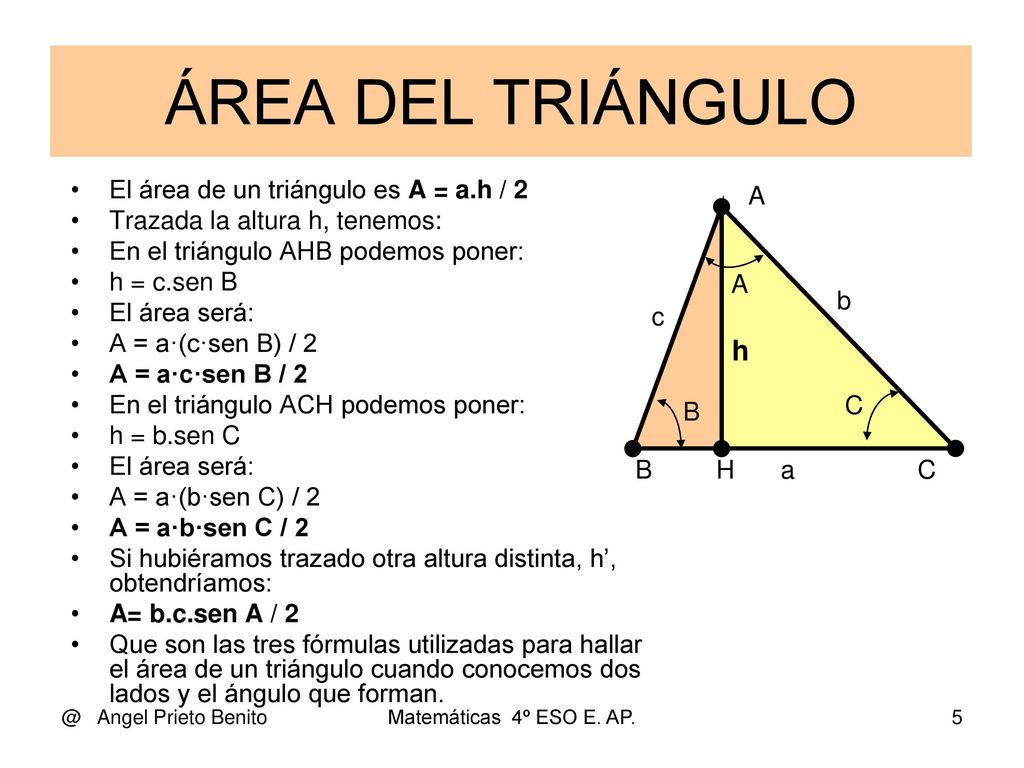 ÁREA DEL TRIÁNGULO h El área de un triángulo es A = a.h / 2