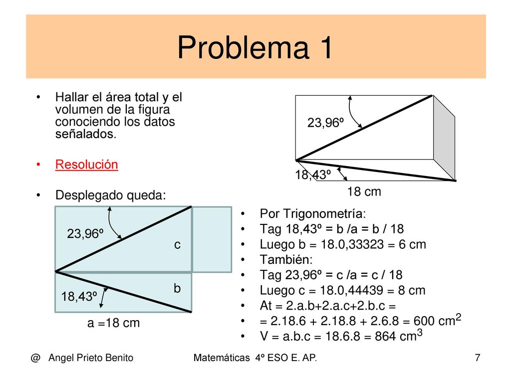 Problema 1 Hallar el área total y el volumen de la figura conociendo los datos señalados. Resolución.