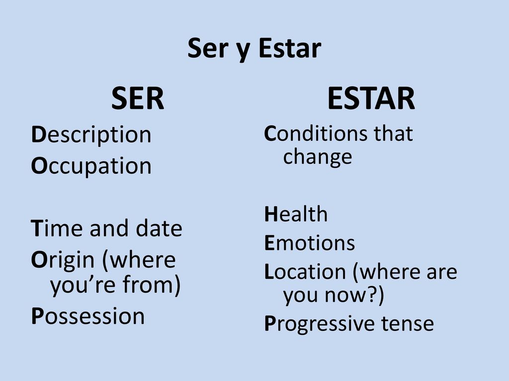Ser y Estar SER. ESTAR. Description Occupation Time and date Origin (where you’re from) Possession