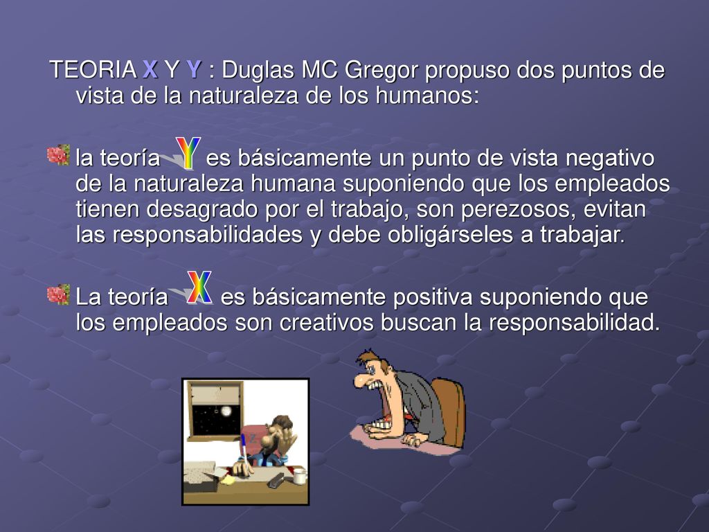 TEORIA X Y Y : Duglas MC Gregor propuso dos puntos de vista de la naturaleza de los humanos: