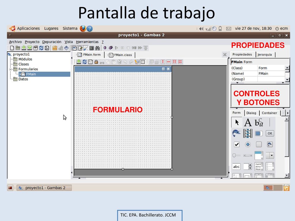 Pantalla de trabajo PROPIEDADES CONTROLES Y BOTONES FORMULARIO