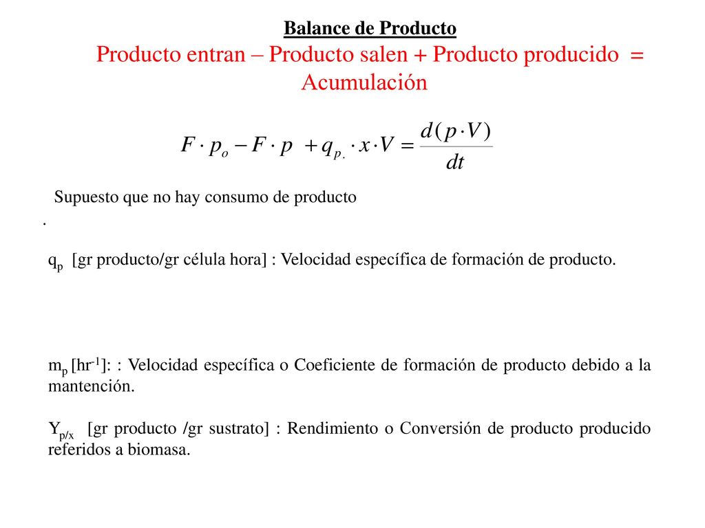 Producto entran – Producto salen + Producto producido = Acumulación