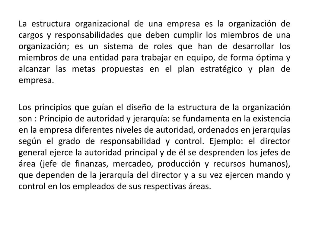 La estructura organizacional de una empresa es la organización de cargos y responsabilidades que deben cumplir los miembros de una organización; es un sistema de roles que han de desarrollar los miembros de una entidad para trabajar en equipo, de forma óptima y alcanzar las metas propuestas en el plan estratégico y plan de empresa.
