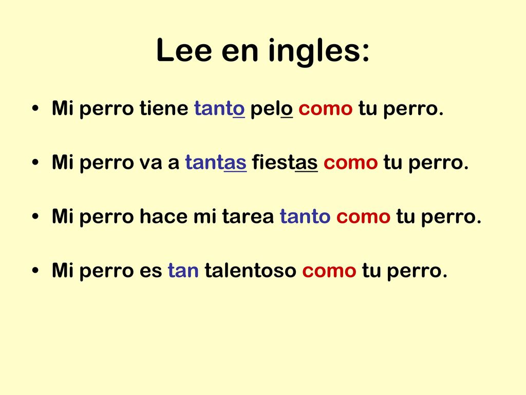 Lee en ingles: Mi perro tiene tanto pelo como tu perro.