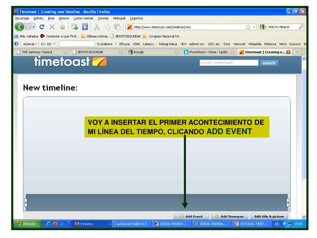 VOY A INSERTAR EL PRIMER ACONTECIMIENTO DE MI LÍNEA DEL TIEMPO, CLICANDO ADD EVENT