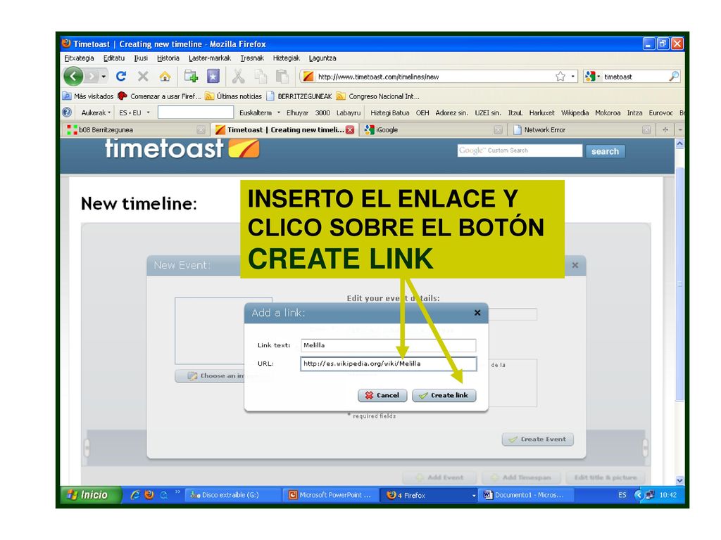 INSERTO EL ENLACE Y CLICO SOBRE EL BOTÓN CREATE LINK