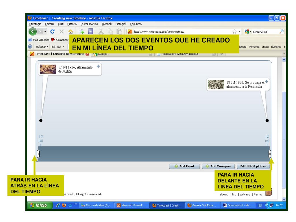 APARECEN LOS DOS EVENTOS QUE HE CREADO EN MI LÍNEA DEL TIEMPO