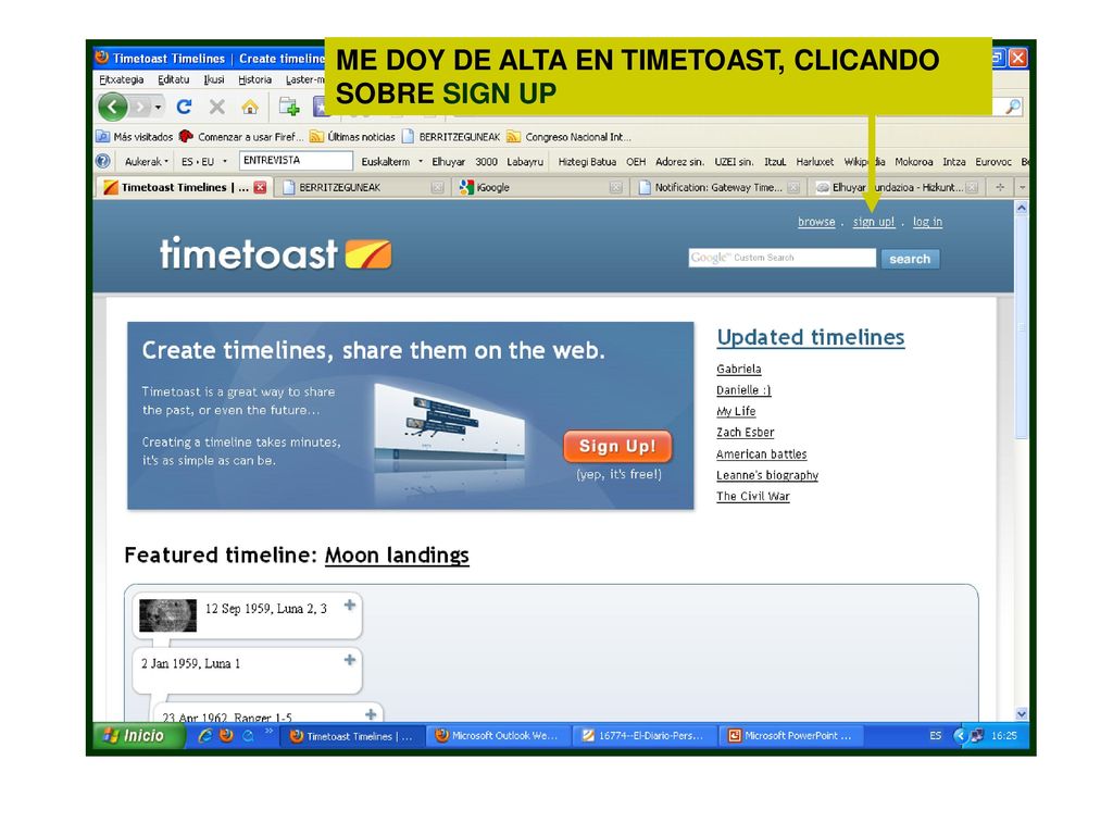 ME DOY DE ALTA EN TIMETOAST, CLICANDO SOBRE SIGN UP