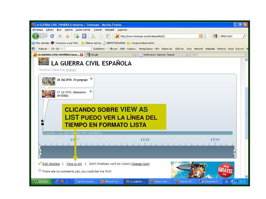 CLICANDO SOBRE VIEW AS LIST PUEDO VER LA LÍNEA DEL TIEMPO EN FORMATO LISTA