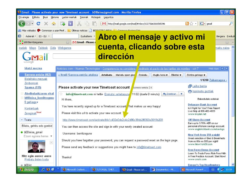 Abro el mensaje y activo mi cuenta, clicando sobre esta dirección