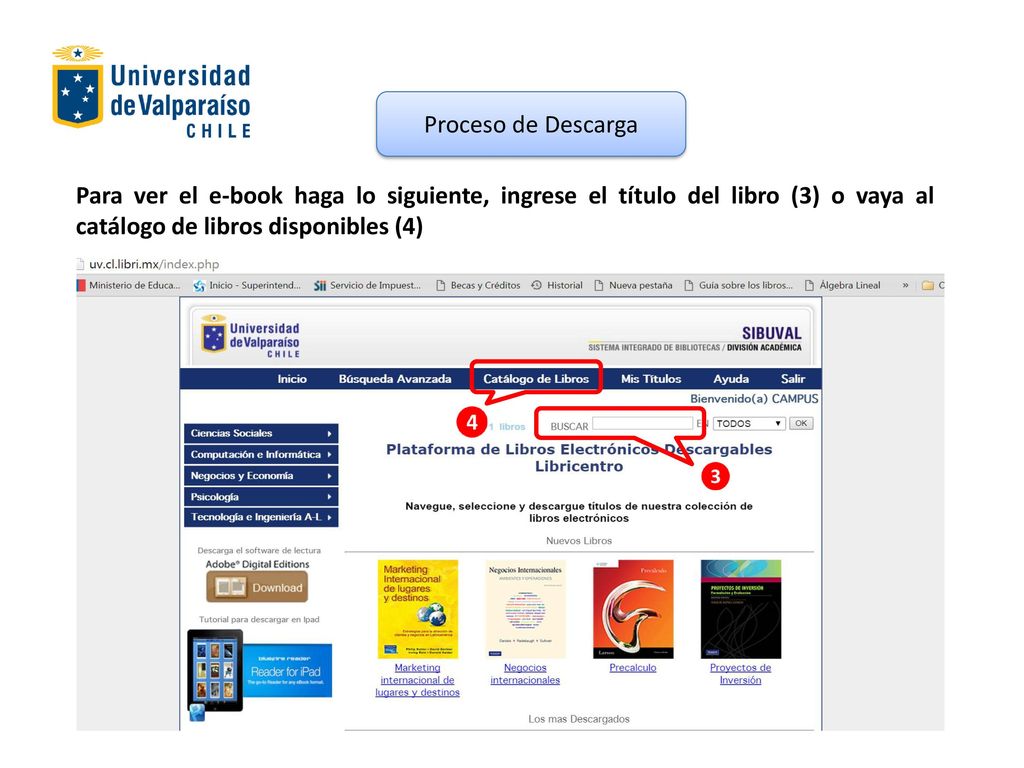 Proceso de Descarga Para ver el e-book haga lo siguiente, ingrese el título del libro (3) o vaya al catálogo de libros disponibles (4)
