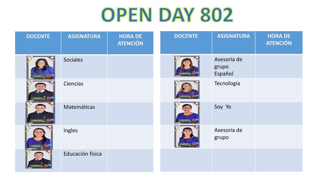 OPEN DAY 802 DOCENTE ASIGNATURA HORA DE ATENCIÓN Sociales Ciencias