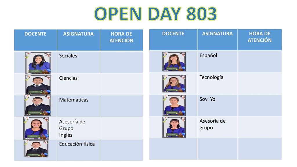 OPEN DAY 803 DOCENTE ASIGNATURA HORA DE ATENCIÓN Sociales Ciencias