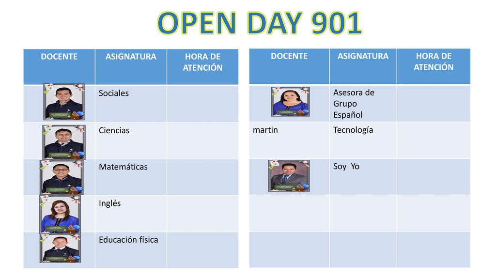 OPEN DAY 901 DOCENTE ASIGNATURA HORA DE ATENCIÓN Sociales Ciencias