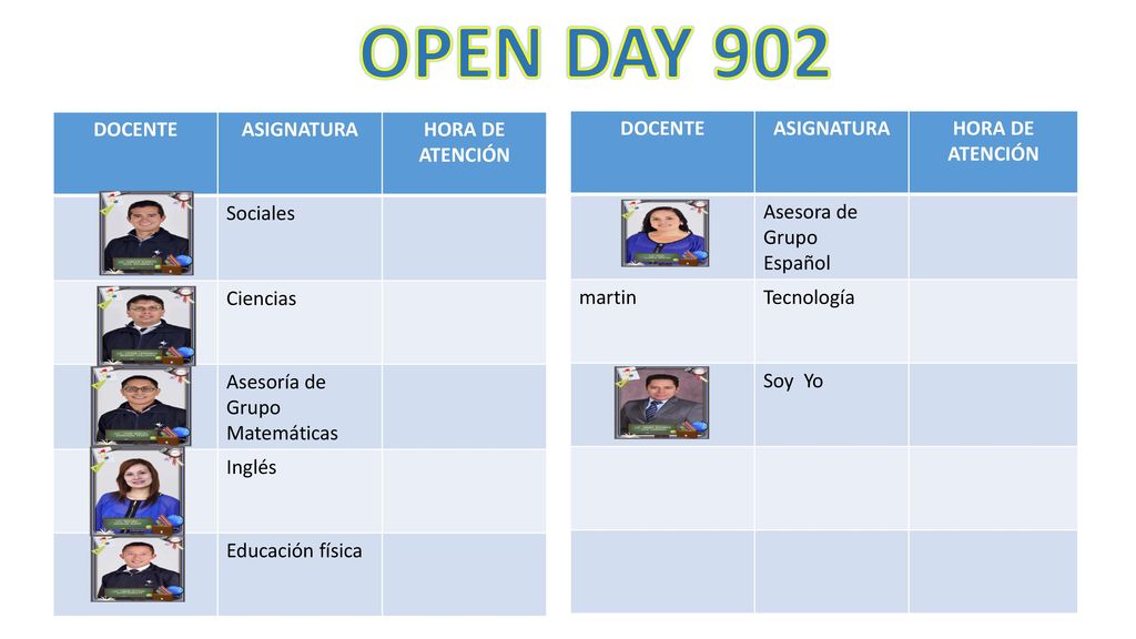 OPEN DAY 902 DOCENTE ASIGNATURA HORA DE ATENCIÓN Sociales Ciencias