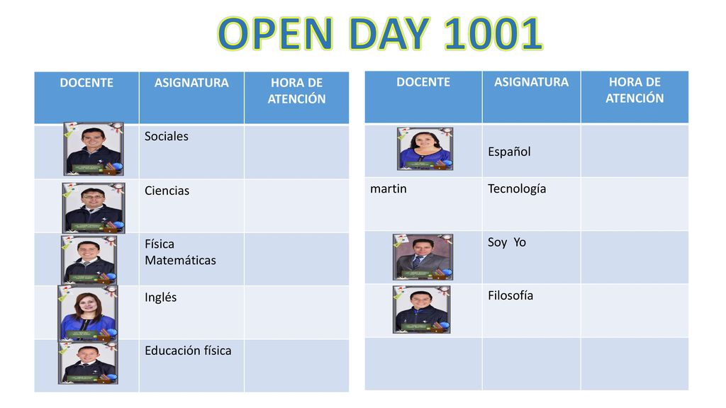 OPEN DAY 1001 DOCENTE ASIGNATURA HORA DE ATENCIÓN Sociales Ciencias