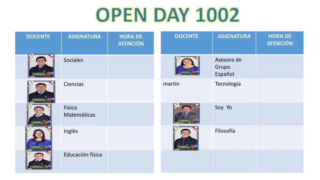 OPEN DAY 1002 DOCENTE ASIGNATURA HORA DE ATENCIÓN Sociales Ciencias