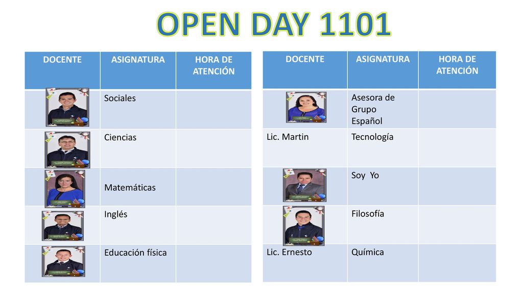 OPEN DAY 1101 DOCENTE ASIGNATURA HORA DE ATENCIÓN Sociales Ciencias