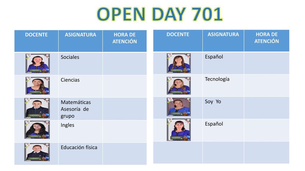 OPEN DAY 701 DOCENTE ASIGNATURA HORA DE ATENCIÓN Sociales Ciencias