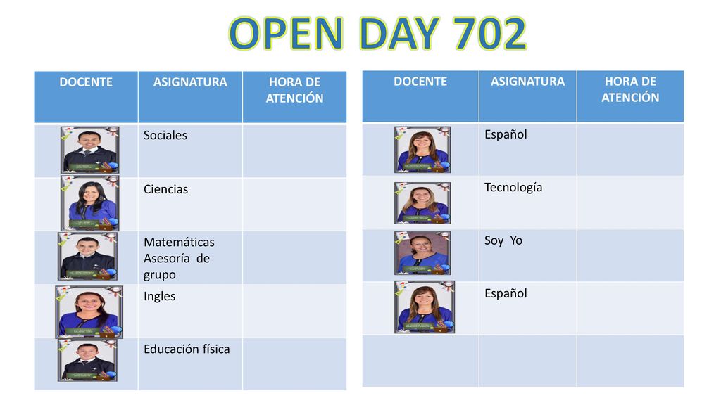 OPEN DAY 702 DOCENTE ASIGNATURA HORA DE ATENCIÓN Sociales Ciencias