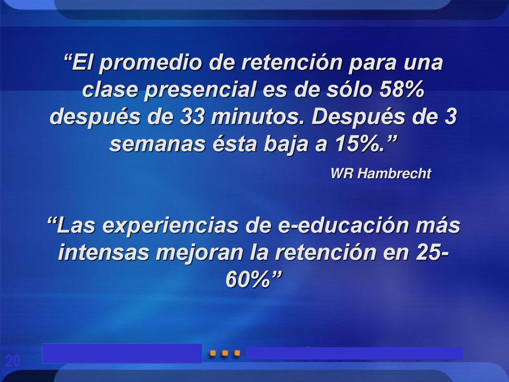 El promedio de retención para una clase presencial es de sólo 58% después de 33 minutos. Después de 3 semanas ésta baja a 15%.