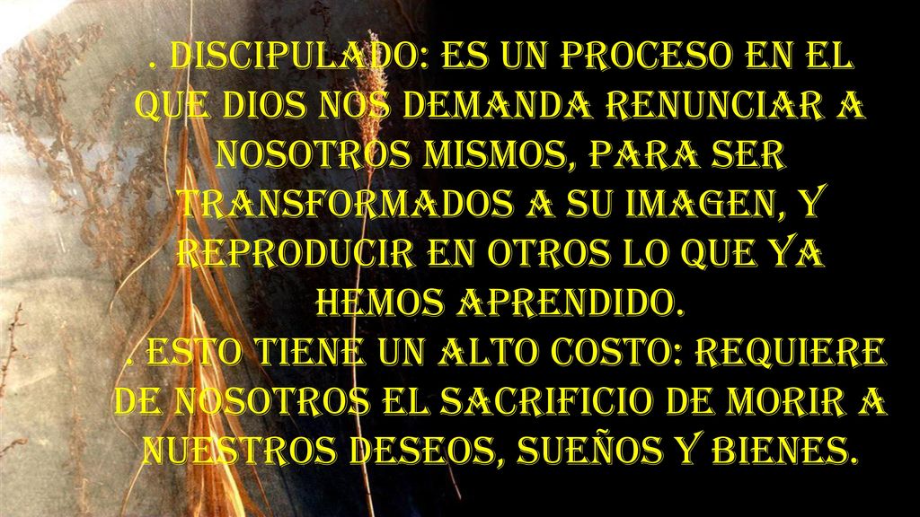 . Discipulado: Es un proceso en el que Dios nos demanda renunciar a nosotros mismos, para ser transformados a Su imagen, y reproducir en otros lo que ya hemos aprendido.