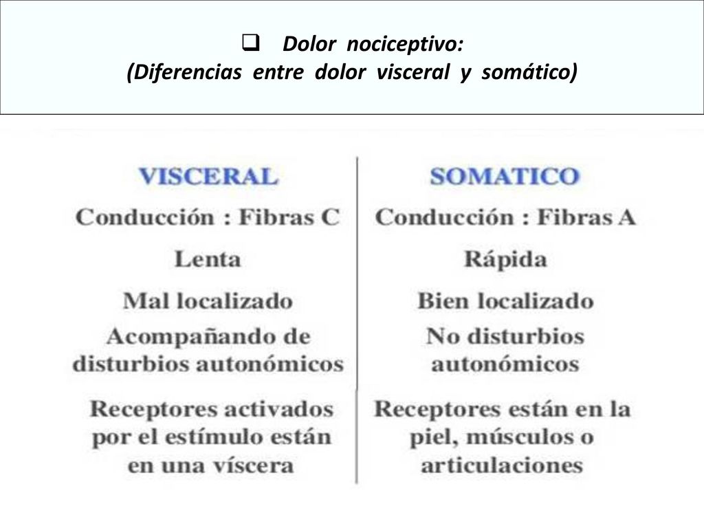 Dolor nociceptivo: (Diferencias entre dolor visceral y somático)