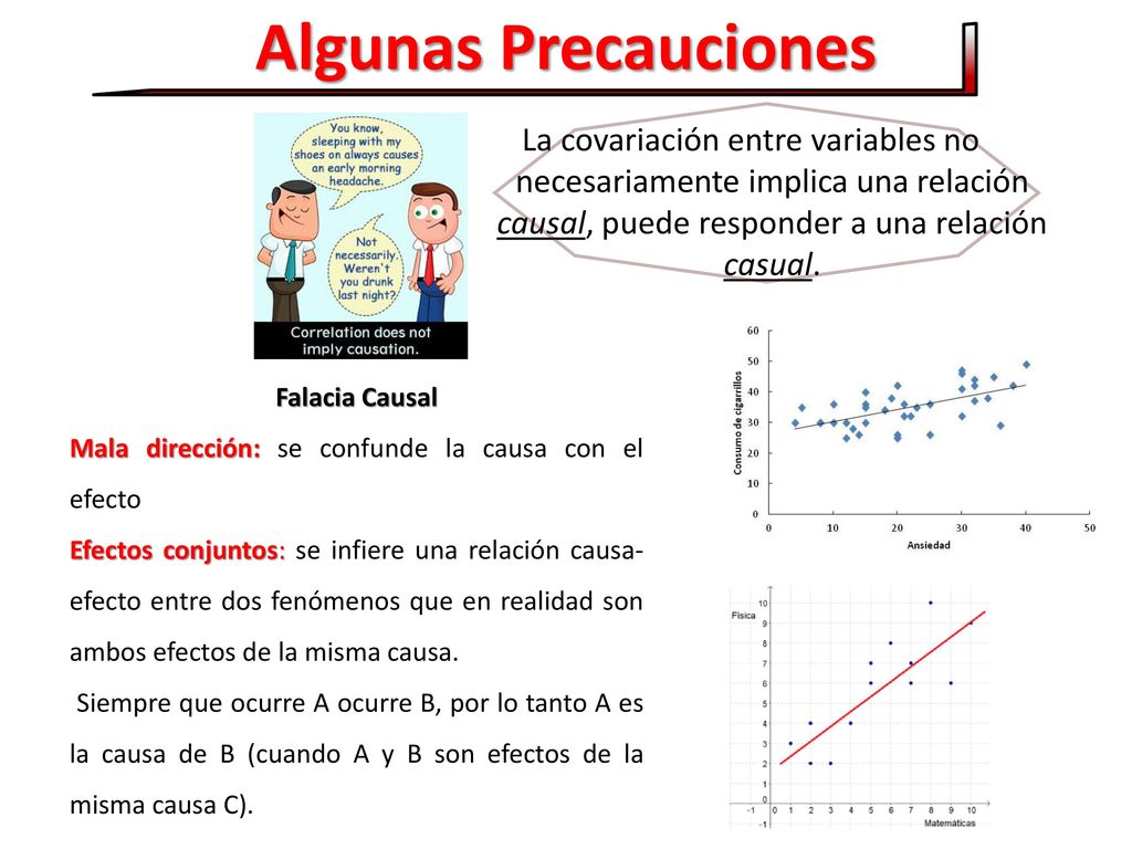 Algunas Precauciones La covariación entre variables no necesariamente implica una relación causal, puede responder a una relación casual.