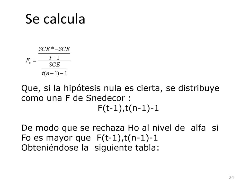 Se calcula Que, si la hipótesis nula es cierta, se distribuye como una F de Snedecor : F(t-1),t(n-1)-1.