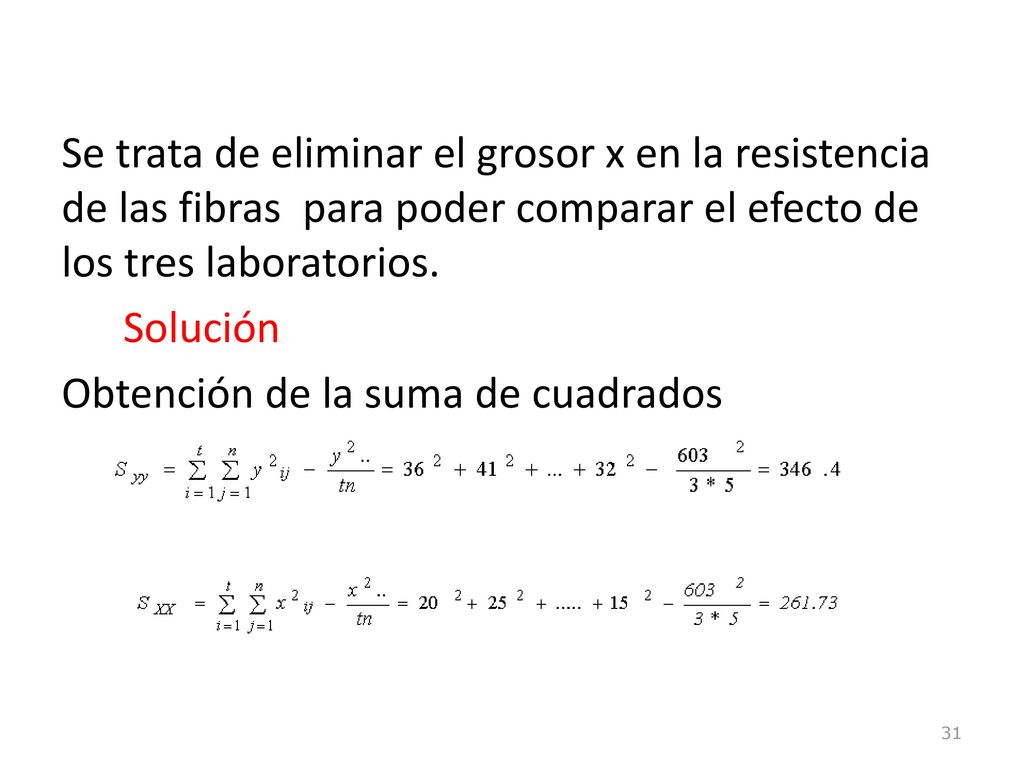 Se trata de eliminar el grosor x en la resistencia de las fibras para poder comparar el efecto de los tres laboratorios.
