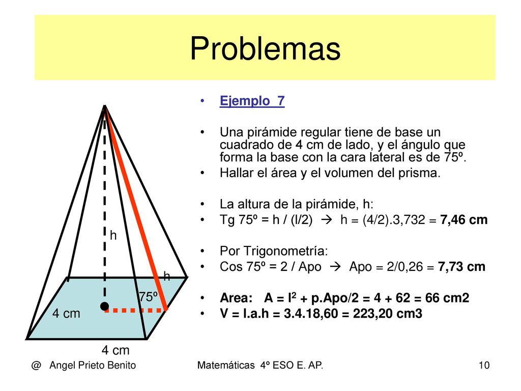 Problemas Ejemplo_7. Una pirámide regular tiene de base un cuadrado de 4 cm de lado, y el ángulo que forma la base con la cara lateral es de 75º.