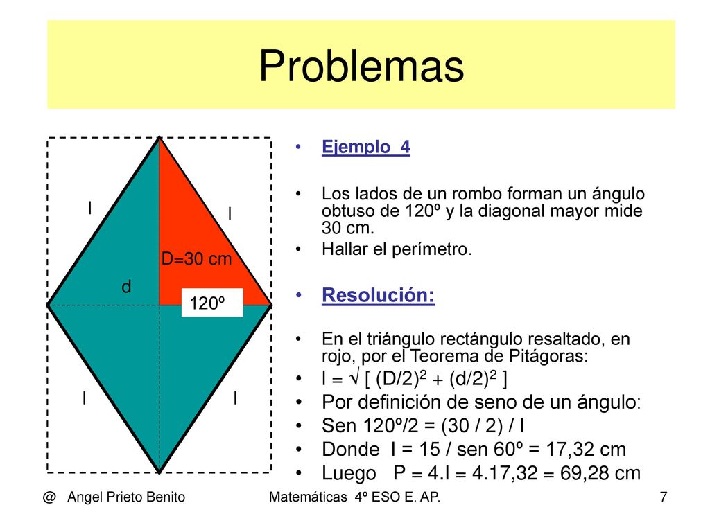 Problemas Resolución: l = √ [ (D/2)2 + (d/2)2 ]