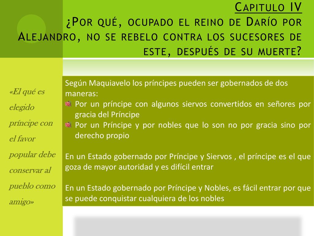 Capitulo IV ¿Por qué, ocupado el reino de Darío por Alejandro, no se rebelo contra los sucesores de este, después de su muerte