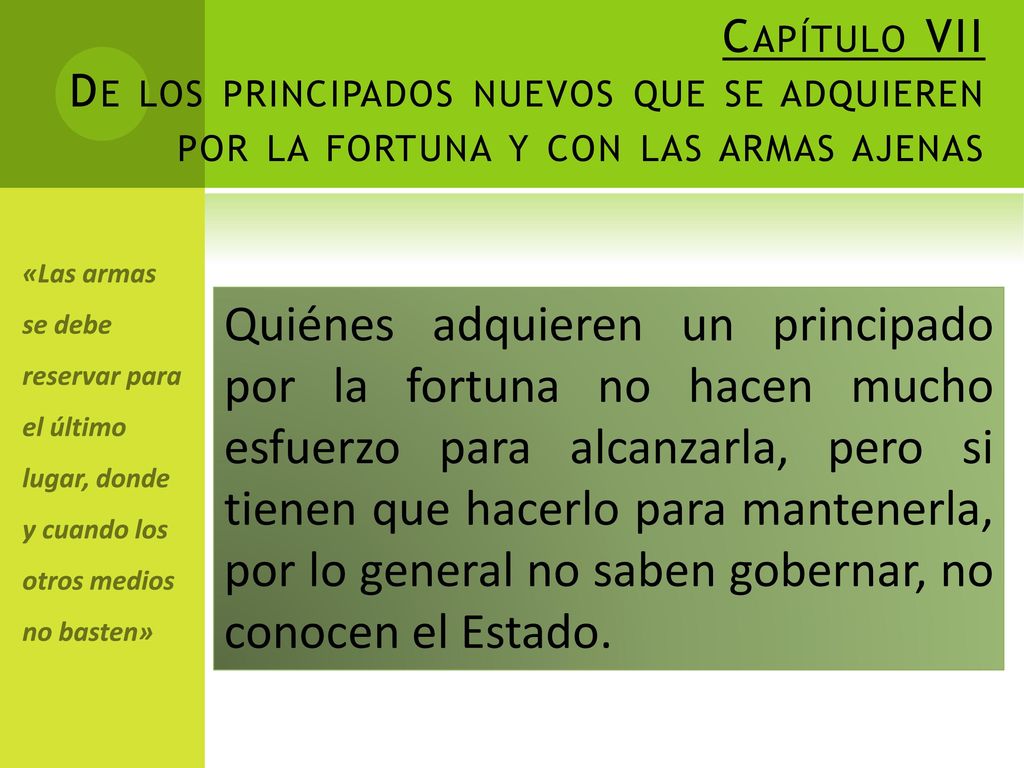 Capítulo VII De los principados nuevos que se adquieren por la fortuna y con las armas ajenas