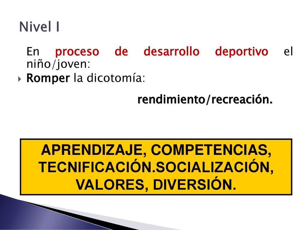 Nivel I En proceso de desarrollo deportivo el niño/joven: Romper la dicotomía: rendimiento/recreación.