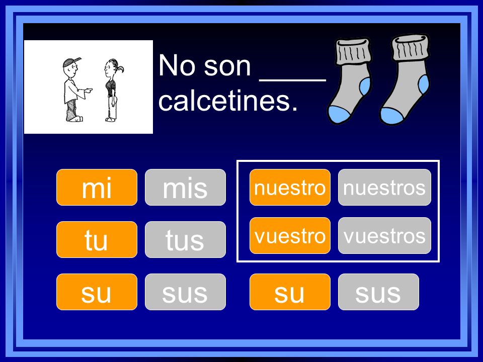 No son ____ calcetines. mi mis tu tus su sus su sus nuestro nuestros