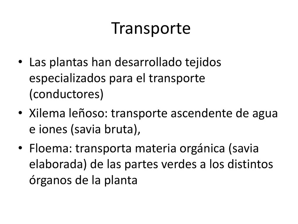 Transporte Las plantas han desarrollado tejidos especializados para el transporte (conductores)