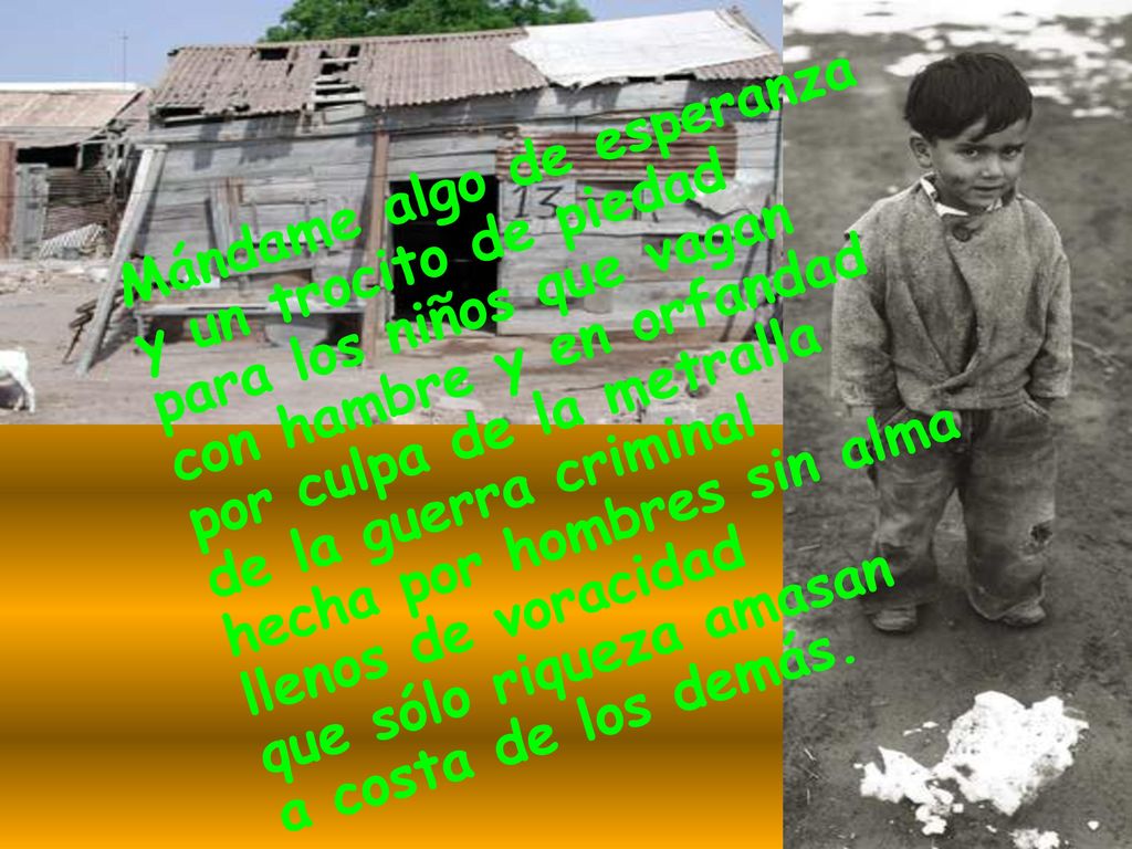 Mándame algo de esperanza y un trocito de piedad para los niños que vagan con hambre y en orfandad por culpa de la metralla de la guerra criminal hecha por hombres sin alma llenos de voracidad que sólo riqueza amasan a costa de los demás.