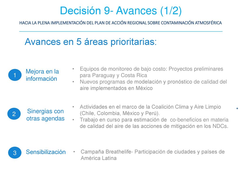 Decisión 9- Avances (1/2) Avances en 5 áreas prioritarias: