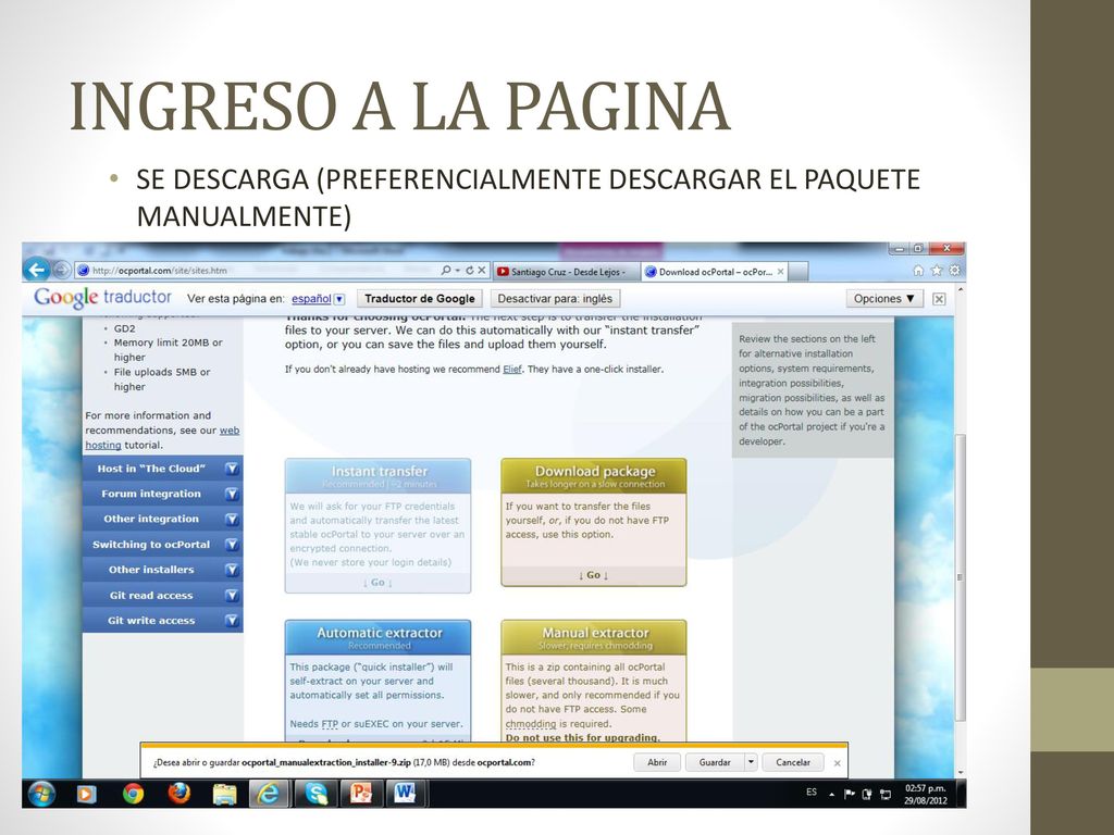 INGRESO A LA PAGINA SE DESCARGA (PREFERENCIALMENTE DESCARGAR EL PAQUETE MANUALMENTE)