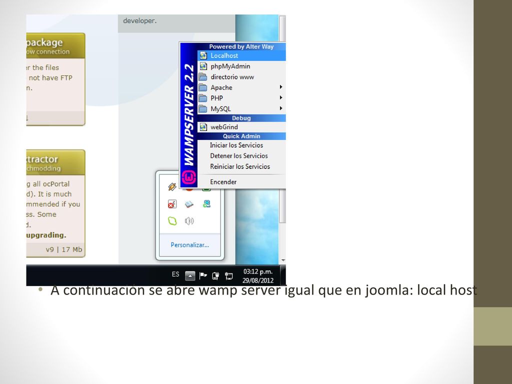 A continuación se abre wamp server igual que en joomla: local host